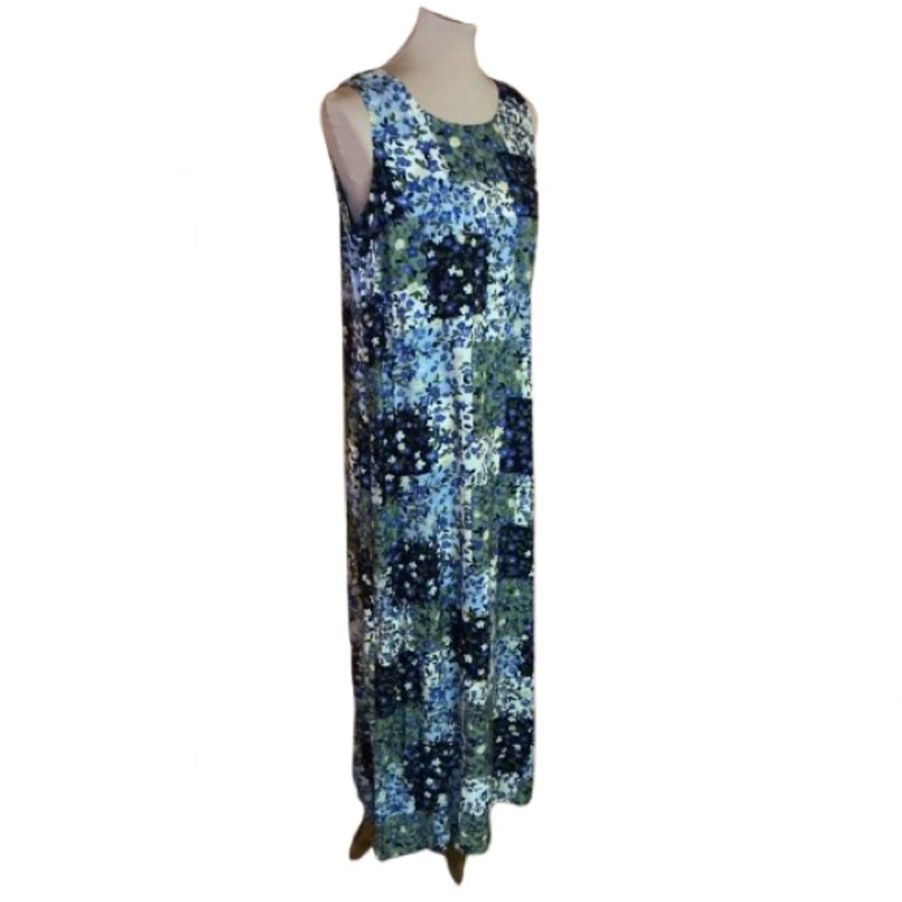 Vintage 90s Patchwork Blue White and Sage Green Floral Maxi Dress